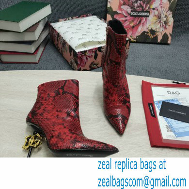 Dolce  &  Gabbana Thin Heel 10.5cm Leather Ankle Boots Snake Print Red with Baroque DG Heel 2021